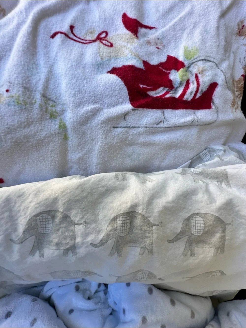 Pottery Barn Kids Baby Crib Bedding with Elephants, Polka Dot Prints & Santa